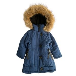 Hawke & Co Girls 2T Puffer Coat Blue Faux Fur Hood Warm Jacket Insulated